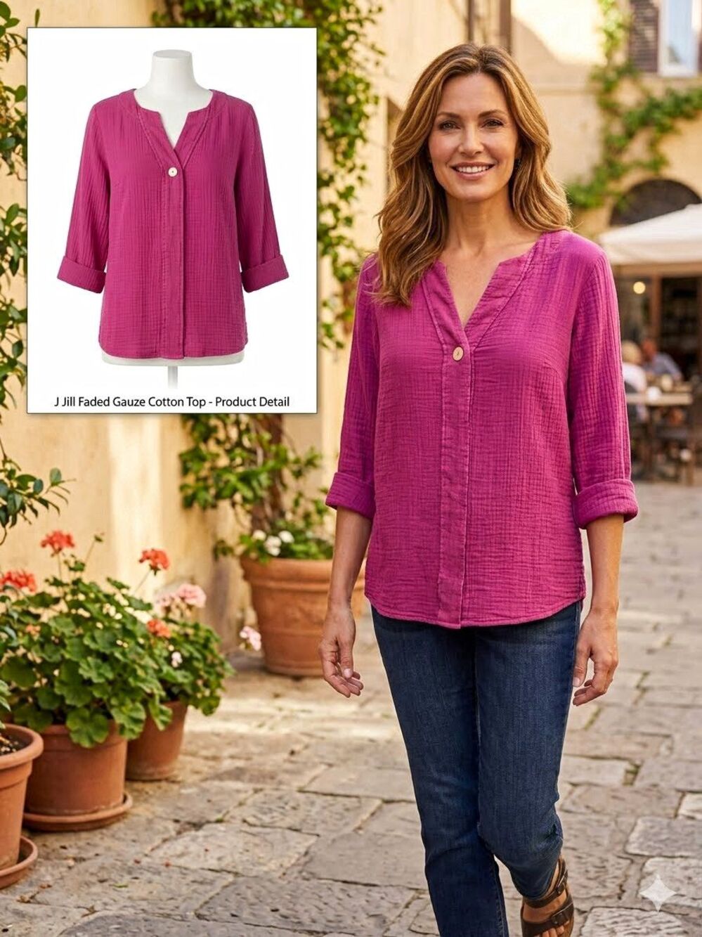 purejill Women’s PM Light Magenta 100% Gauze Cotton V-Neck 3/4 Sleeve Blouse